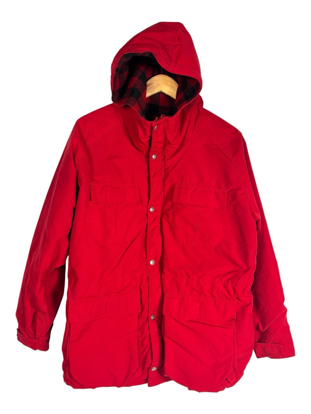 L.L. Bean Vintage 80's Baxter State Parka Jacket Red Hooded Plaid Wool Lining M